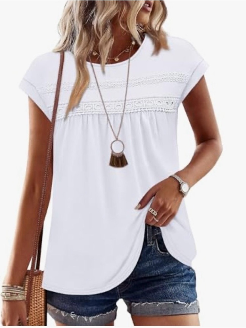Womens‎ White Crochet Lace Trim Babydoll Short Sleeve Top Blouse Crew Neck M